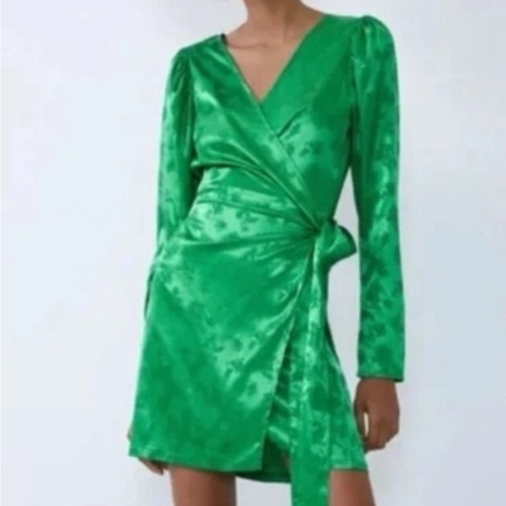 Zara green satin wrap dress
